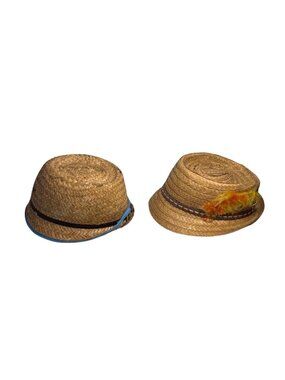 2 Woven Straw Fedora Hats Childrens Doll Size Decorative Bands Accents Halloween